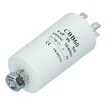 Kondensator Anlaufkondensator Waschmaschine 4,00µF 450V  6,3 mm AMP-Doppelsteckfahnen Bodenbefestigungsschraube M8 universal