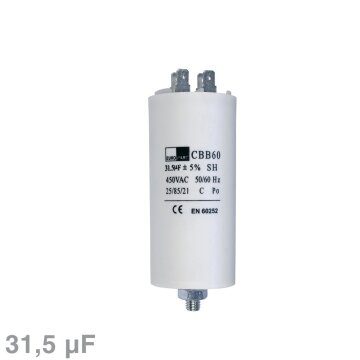 Kondensator 31,50ÂµF 450V ALTERNATIVE mit Steckfahnen und Befestigungsschraube CBB60