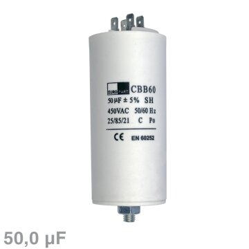 Kondensator 50,00ÂµF 450V ALTERNATIVE mit Steckfahnen und Befestigungsschraube CBB60