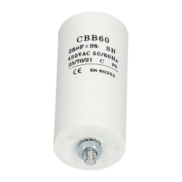 Kondensator Anlaufkondensator CBB60 25,00µF Mikrofarad 450V mit 6,3 mm Steckfahnen
